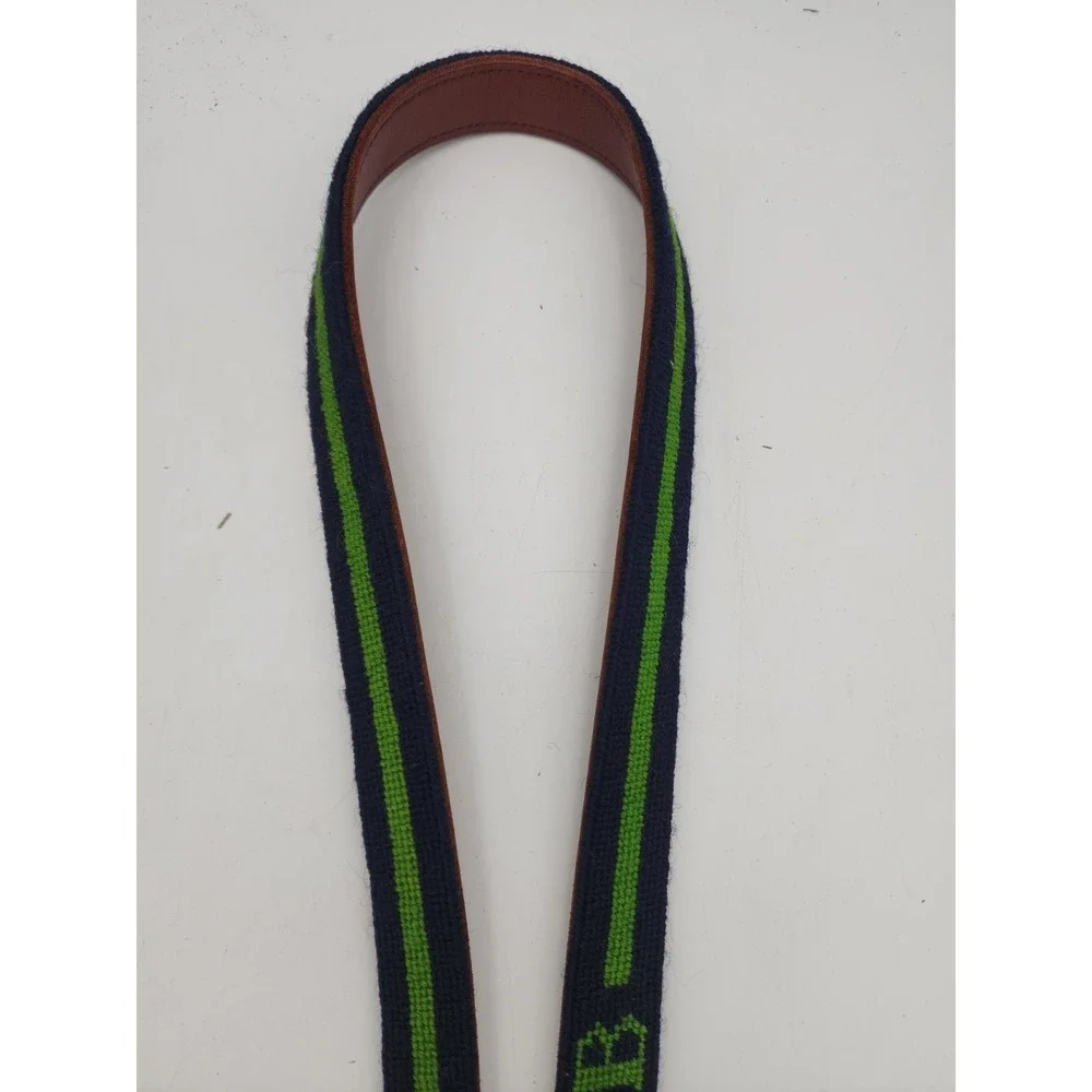 Brown Leather Belt Embroidered MJB Navy Green Stripes, Brass Buckle 36.5